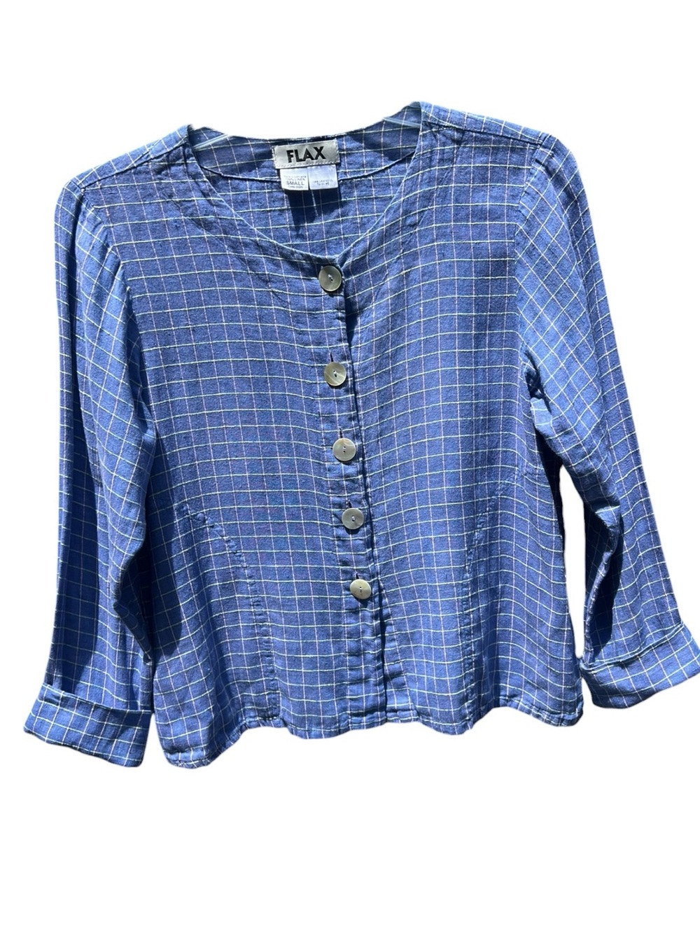 🌻FLAX Blue Check Linen Button Down Shirt Long Sleeve Women's Size Small - Picture 3 of 6